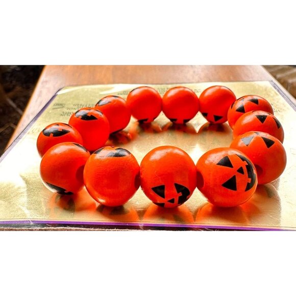 Jack O Lantern Halloween Stretch Bracelet New Wooden Beads Orange Festiv… - Picture 2 of 12
